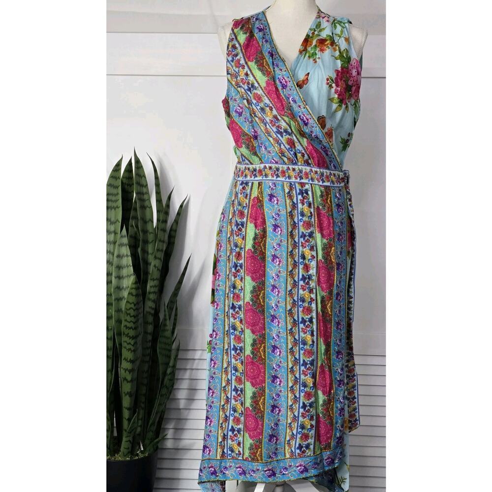 Ruby YaYa Womens Modal Boho Midi Wrap Dress Floral Beaded V-Neck Sleeveless S